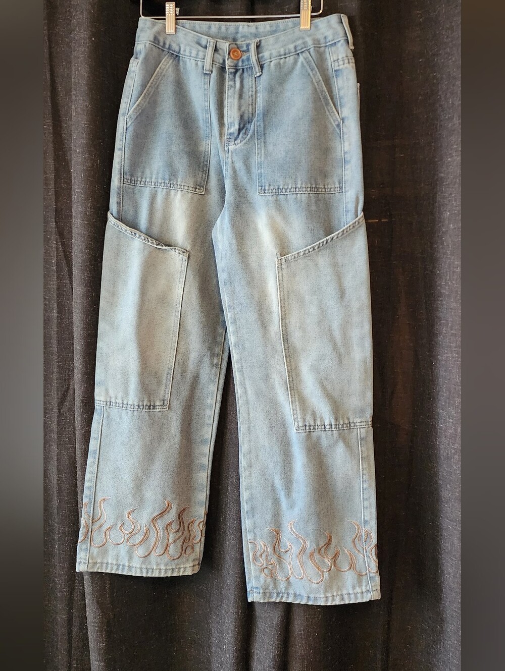 Flame Embroidered Cargo Jeans XS – Light Wash Denim, Hot Topic Y2K Waist 29"